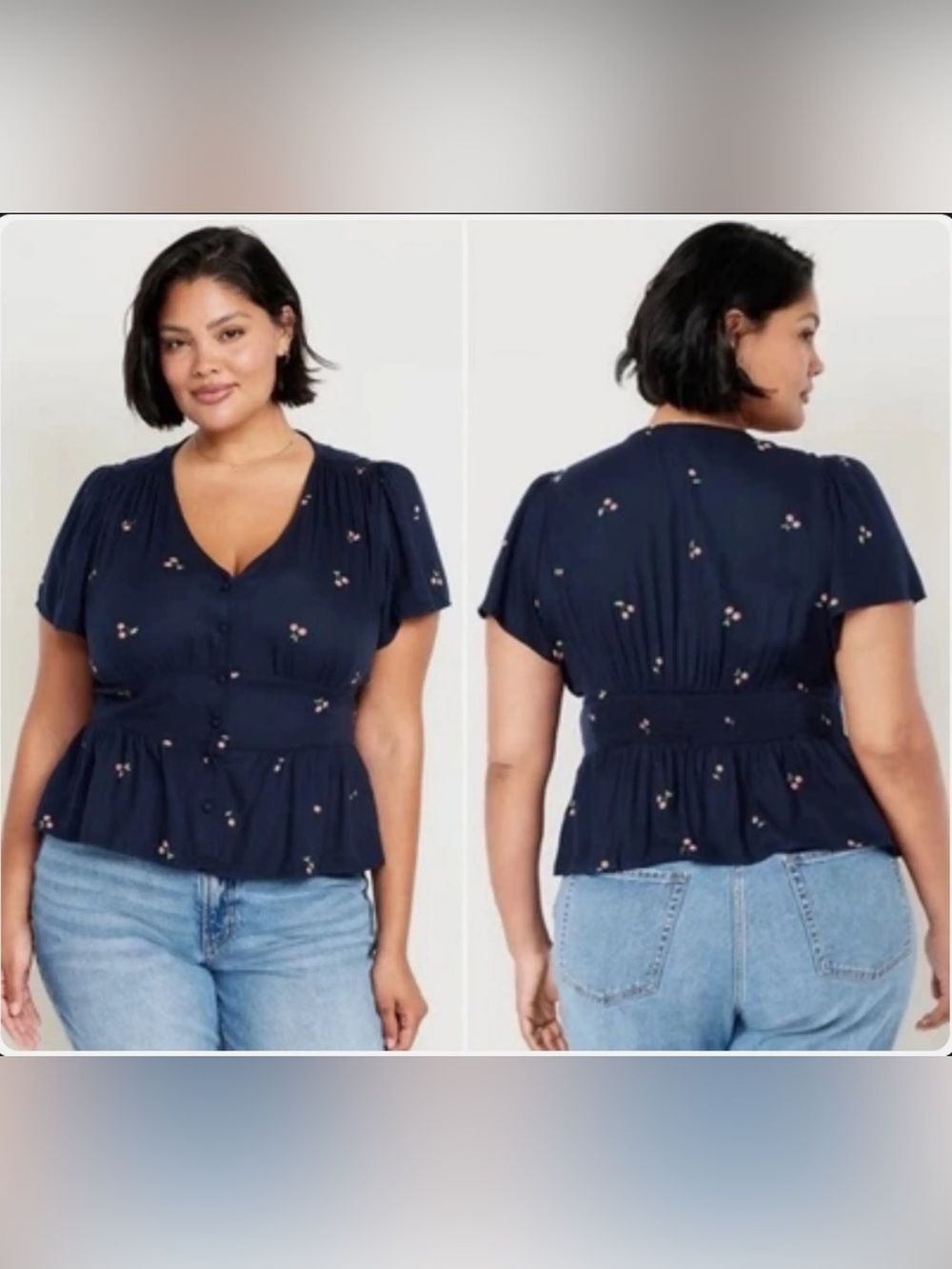 Old Navy Navy Cherry-Print Peplum Button-Front Blouse